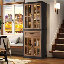 71'' Tall Kitchen Cabinet with Glass Doors and Drawer, Freestanding Food Pantry with Adjustable Shelves for Dining, Living Room, Natural