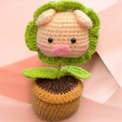 Unique Pig with Green Flower Petals Handmade Crochet Cute Gift Decoration