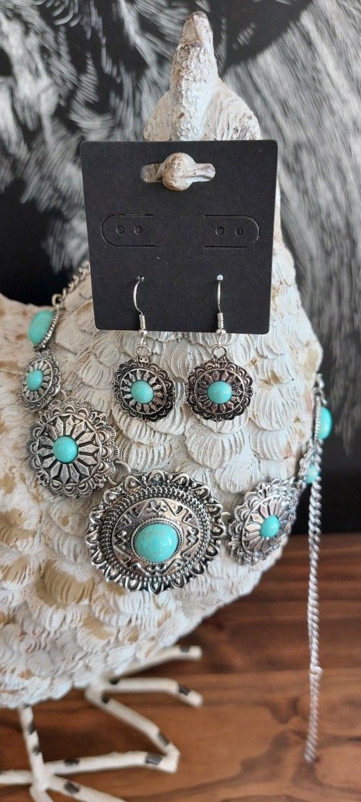 Large Concho Turquoise Earrings And Necklace Set Fashion Southwestern Jewelry
