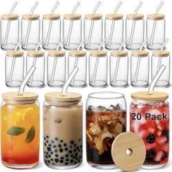 VITEVER [ 20pcs Set ] Glass Cups with Bamboo Lids and Glass Straw - Beer Shaped 16 oz Iced Coffee Drinking Glasses, Cute Tumbler Cup for Smoothie, Bob