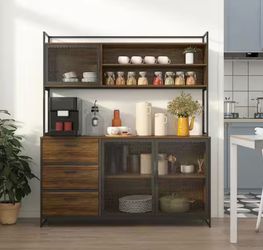 59 in. W Kitchen Brown Wood Buffet Sideboard Pantry Cabinet For Dining Room with Metal Mesh Doors, 3