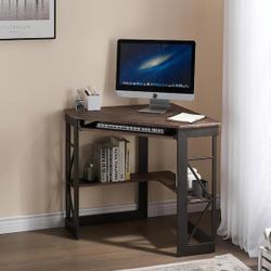 Computer Desk, Corner Desk, 29.5 in. W Triangle Brown Computer Desk, Wooden Desk, Sturdy Steel Frame Computer Desk with Keyboard Tray, NEW