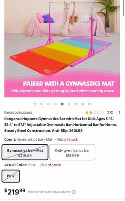 Kangaroo Hoppers Gymnastics Bar with Mat for Kids Ages 3-15, 35.4" to 57.1" Adjustable Gymnastic Bar, Horizontal Bar for Home, Steady Steel Constructi
