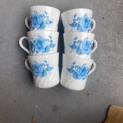 Set Of Six Blue Velvet Corning Ware Mugs Made In USA Coffee Cups White And Blue Flowers Vintage 