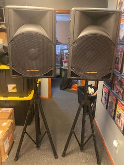 Pair Selenium SPM1502A Active Powered PA Speakers w/ Stands & Pad Covers Tested