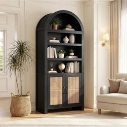 71" Tall Arched Bookshelf with Doors, Mid-Century Modern Bookcase with Storage & Adjustable Shelves, 6 Tiers Arched Cabinet, Arch Bookshelf for Living