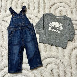 Toddler Boy / Girls Gap Overalls + Roots Sweatshirt | Size 12-18 months