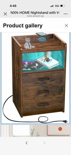 NXN-HOME Nightstand with Wireless Charging Station and LED Lights, Rustic End Side Table with 3 Drawers and Open Storage for Bedroom, Rustic Brown