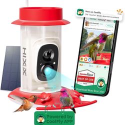 Smart Hummingbird Feeder with Camera Solar Powered, with Ant Moat & Bee Proof AI Bird Recognition, Easy Clean & Refill, with Coolfly Birdwatching APP,