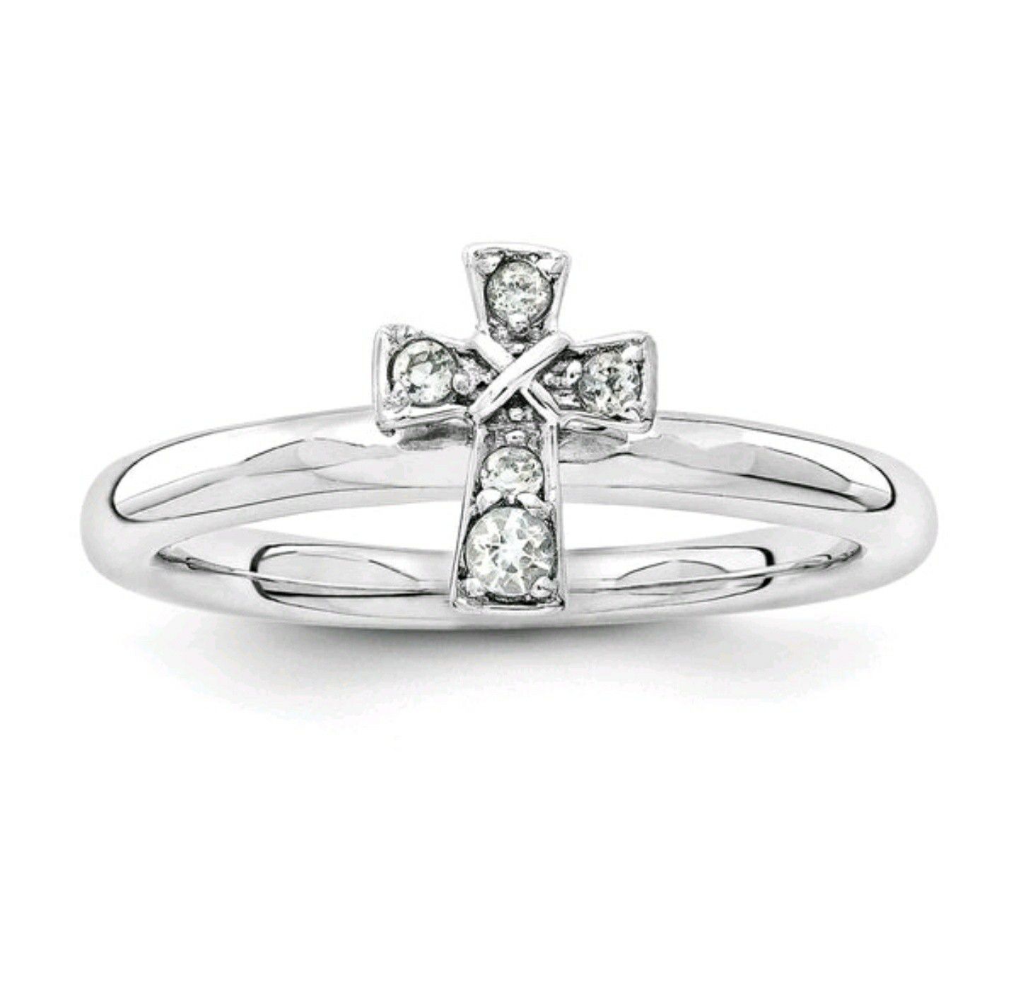 (Shipped Only) Sterling Silver White Topaz Cross Stackable Ring