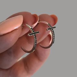 Brand New Sterling Silver 925 Cross Earrings With Black CZ Diamonds