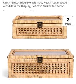 Rattan Decorative Box with Lid, Rectangular Woven with Glass for Display, Set of 2 Wicker for Decor