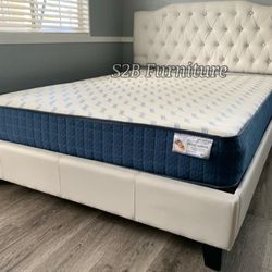 Full White Crystal Button Bed 