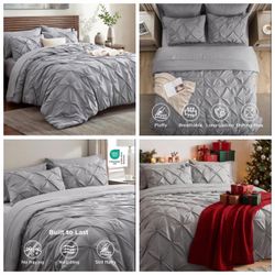 7-Piece King Size Comforter Set & Sheets, Grey King Bedding Ultra-Soft Microfiber with Down Alternative, Deep Pocket Fitted Sheet, Pintuck Design, Roo