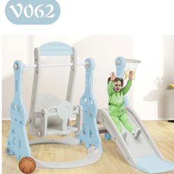 Ealing Toddler Slide Swing Set for Age 1-3  Indoor Baby Swing Toys Playset with Climber&Basketball Hoop,Blue(V062)