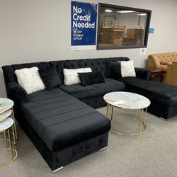 Black Velvet Living Room Sectional - Delivery And Financing Available 