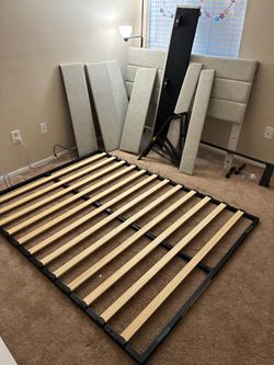 Upholstered Queen Bed Frame w/ Slats and Headboard