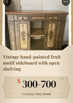 Hand-Painted Fruit Motif Sideboard Buffet – Distressed Wood, Open Center Shelving