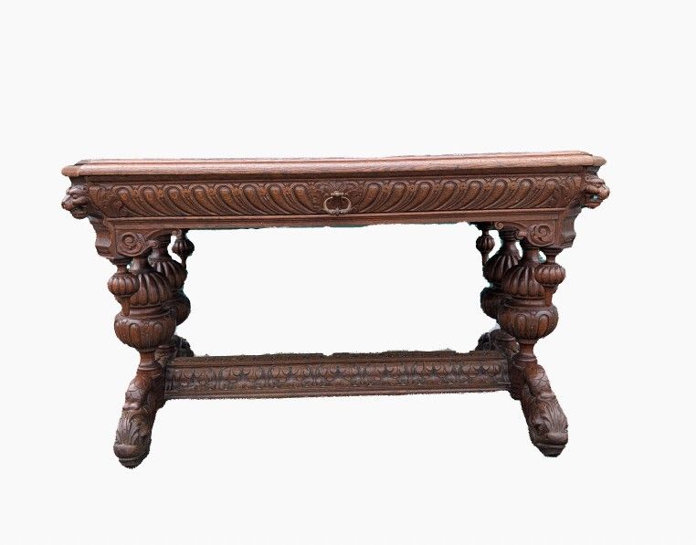 Antique 19th Century French Reneissance Revival Carved Oak Dolphin Sea Serpent Library Desk