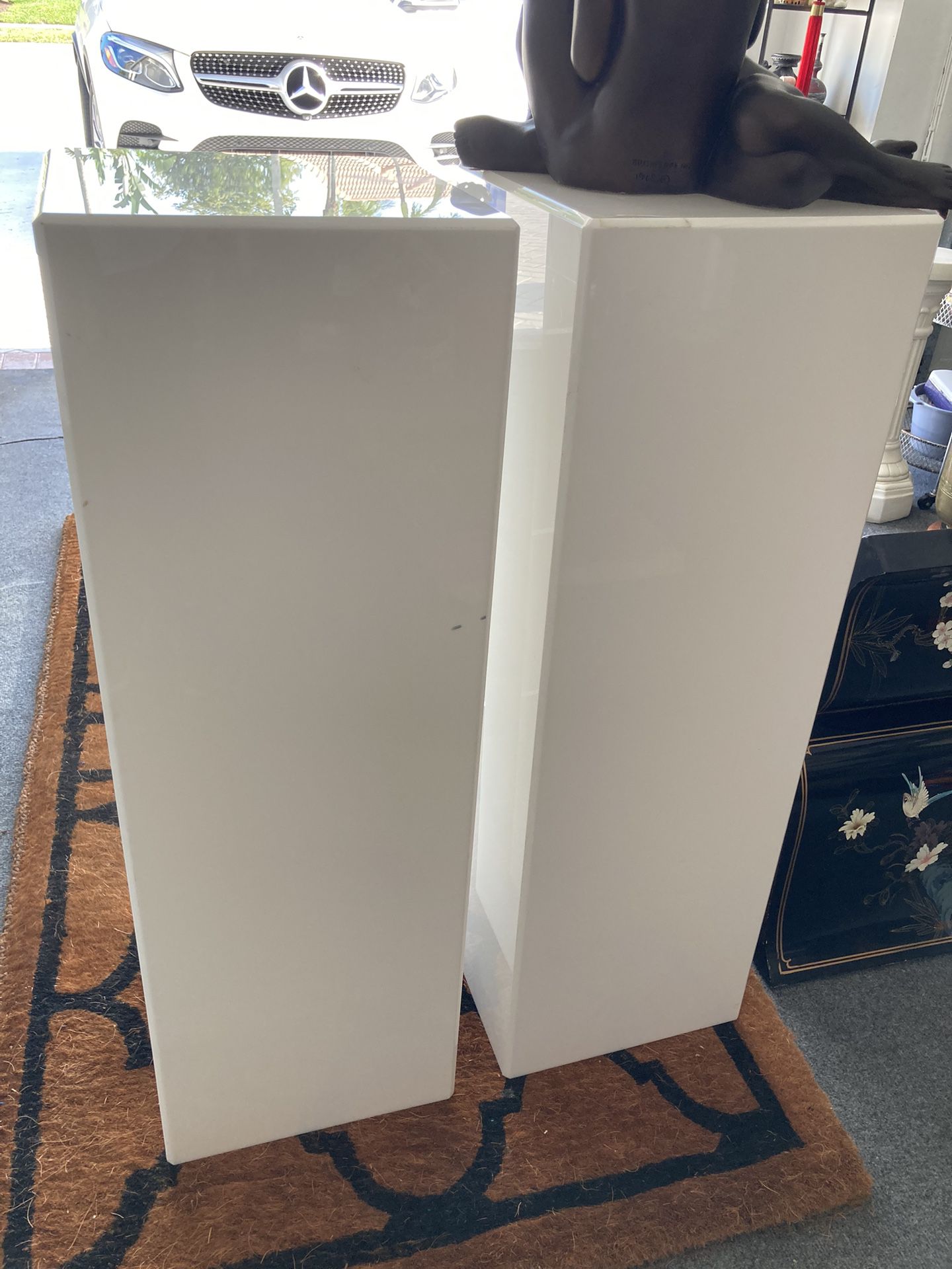 Great Vintage PAIR of Custom Made White Mid Century Modern MCM Cube Pedestal Tables, 36” Tall x 12” Square Top. The 2 Just $200 Firm.