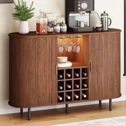 55" Wine Bar Cabinet with LED Light,Modern Liquor Whiskey Coffee Station with Wine Rack and Glass Holder, Farmhouse Buffet Sideboard with Storage for 