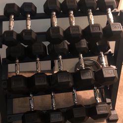 Rubber Encased Cast Iron Hex Dumbbells 10, 15, 20, 25, 30, 35, 40, 45lbs Set + 3 Tier Steel Rack + Fitness Gear 300lbs Olympic Weight Set and more