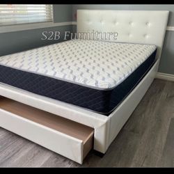 Queen Size White Plain Bed W Ortho Mattress Colchon 