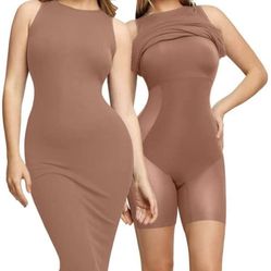 Popilush Crew Neck Shaper Dress Built-in Shapewear Bra 8 in 1 Sleeveless Summer Maxi Bodycon Lounge Dress with Zipper
