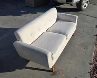 White Cream Beige Modern Mid Century Modern Style Love Seat Sofa Chair with light Brown Wooden Legs Used Good Condition Light Weight