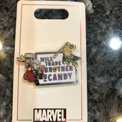 Disney Marvel 2020 Thor Loki Halloween Trading Pin “Will Trade Brother For Candy”.  Brand New On Original Card .  Has been on display in a cabinet on 