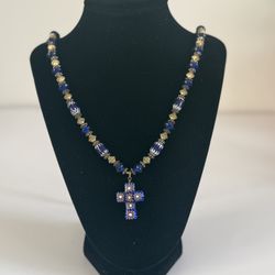 Vintage Blue Millefiori Glass Cross Necklace - Boho Ethnic Religious Pendant, Cobalt Beads