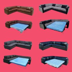 NEW  7X9FT Sectional COUCHES Granite, Charcoal COMBO, Black,  Brown LEATHER  Set  2pcs. / More Color FABRIC Available 