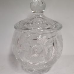 Beautiful Vintage Heavy Crystal Sugar Bowl With Lid And Etched Fruit