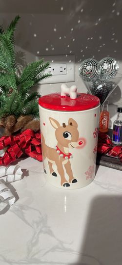 Red Nose, Reindeer Rudolph Candy Dog Treat Cookie Jar Container Entertaining Holiday Christmas Prop