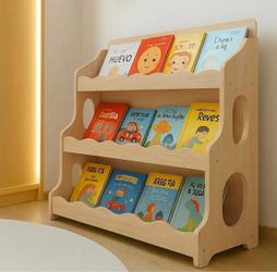 Wood Kids Bookshelf, Maplewood GrainPattern Dutch Design Scalloped Montessori Toddler Book Shelf 3Tier Wooden Furniture