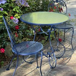 Vintage Wrought Iron Bistro Set, Navy Blue, Original Glass Top