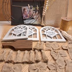 CRAFT SUPPLIES- WREATH FRAME - WINDOW FRAMES- BEAD TASSELS- BURLAP BOWS, TASSELS AND FRAME, RAFIA