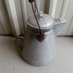 COFFEE POT ANTIQUE - With LID  Metal Restaurant Large Bail Handle Kettle Camp Aluminum 100 Year Old Granite 