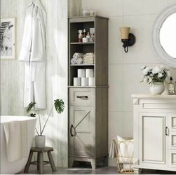 IDEALSOUL Tall Bathroom Storage Cabinet, Narrow Bathroom Storage, Freestanding Linen Cabinet with Barn Door and Drawer, Gray