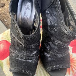 Size 7.5 Black Heels With Lace And Black Rhinestones 