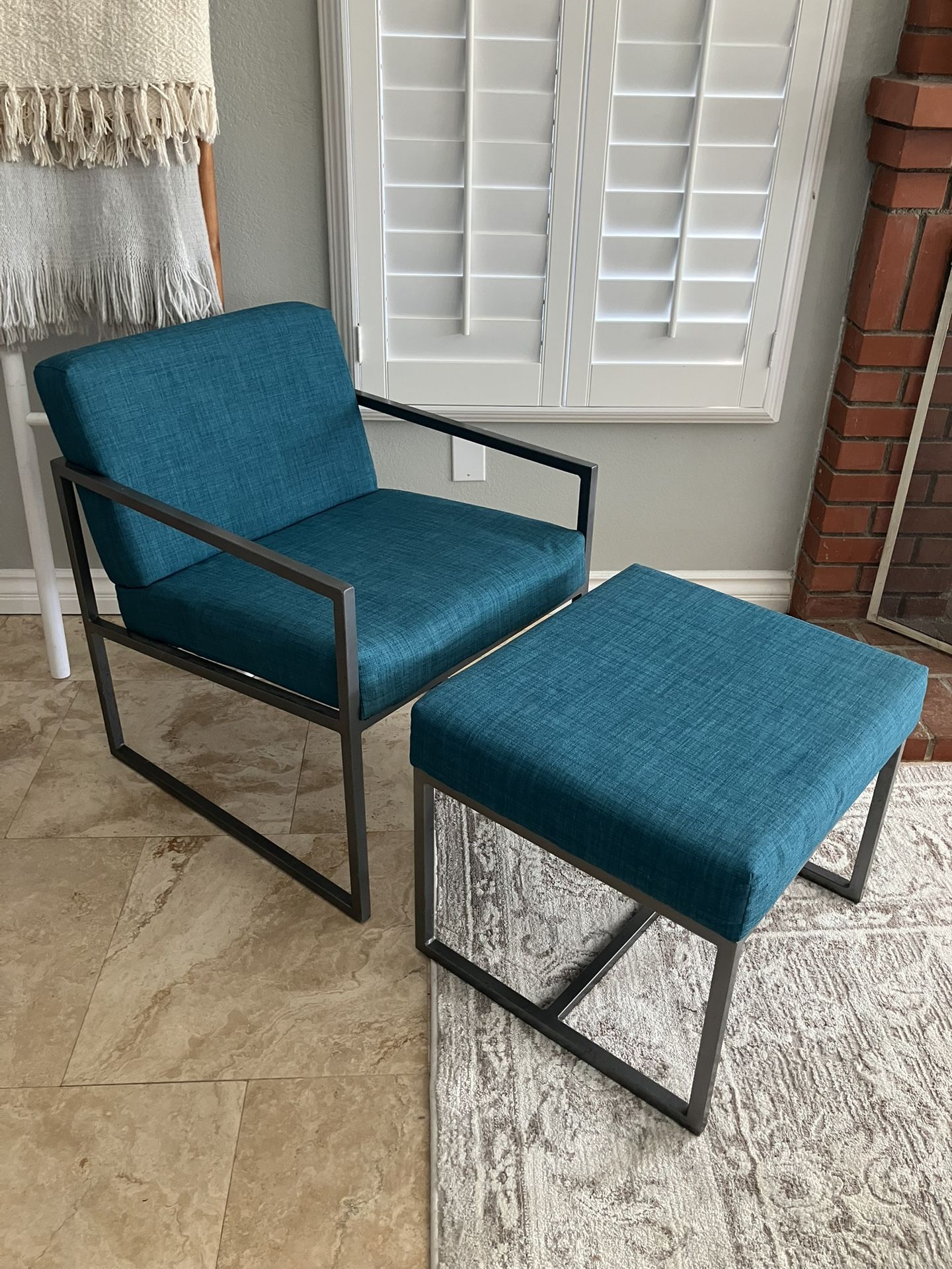 Minimalist Modern Teal Upholstered Accent Chair + Ottoman Set