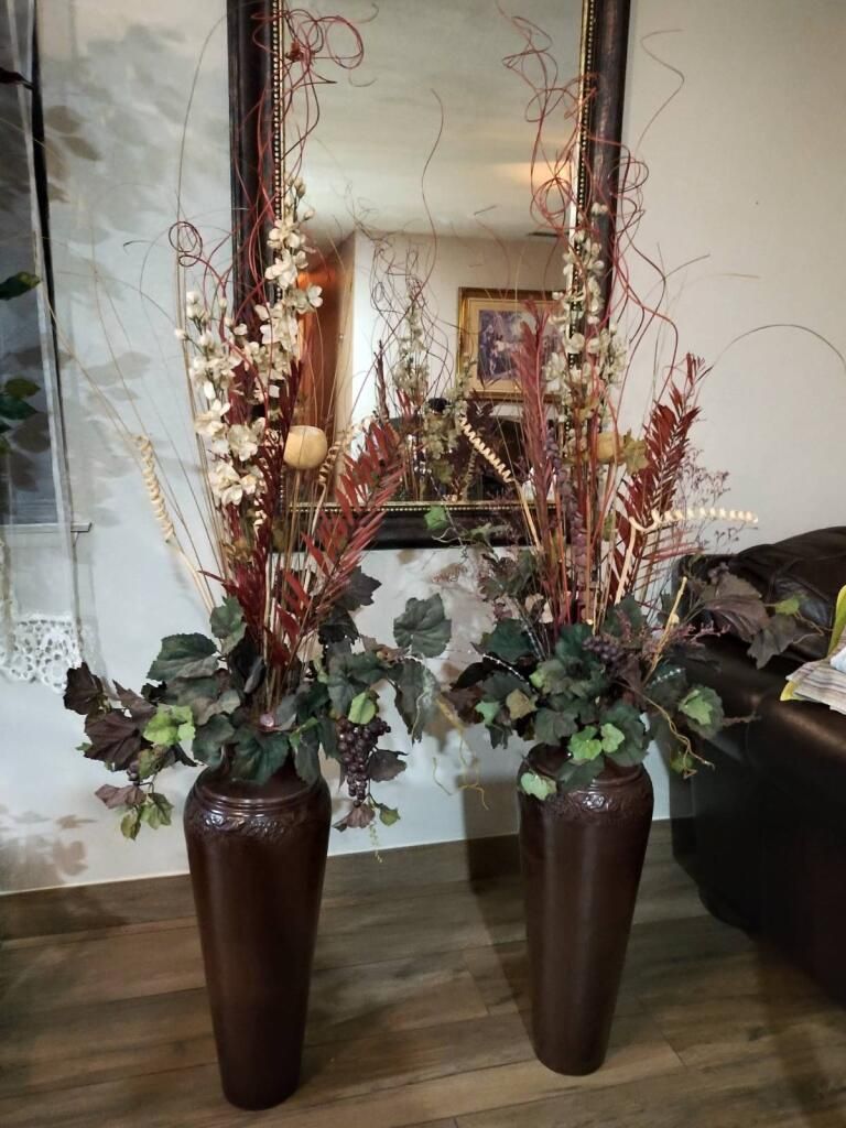 2 Beautiful Tall Metal Vases With Silk Flowers 35 Each