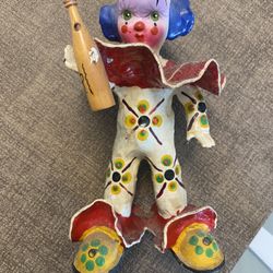 Smaller Vintage Paper Mache Clown With Bottle In Hand Hand Made And Painted stands alone fragile