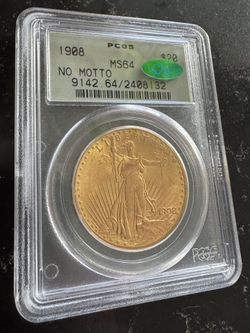 1908 $20 PCGS/MS64/CAC St. Gaudens No Motto Gold Double Eagle Coin