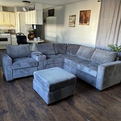 4-Piece Sectional Set W/ Ottoman Reversible Loveseat + Reversible Loveseat W/USB Console & Cup Holders + Corner Wedge + Cocktail Ottoman  Color: Dark 