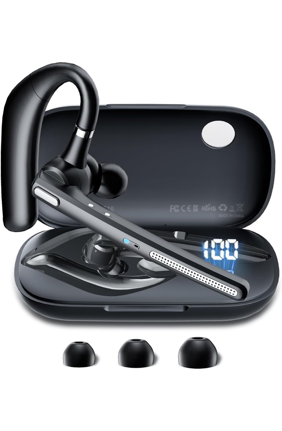 Bluetooth Headset V5.3, Wireless Earpiece with 500mAh Charging Case Hand-Free Headphones Noise Canceling Mic for Office/Driving/Business