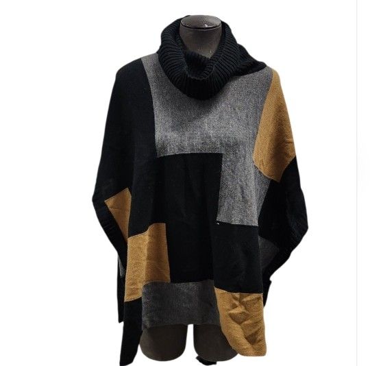 Tan Gray Black Colorblock Turtleneck Poncho