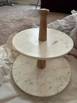 Wood and Marble Footed Fruit Bowl with Two-Tier Wood and Marble server
