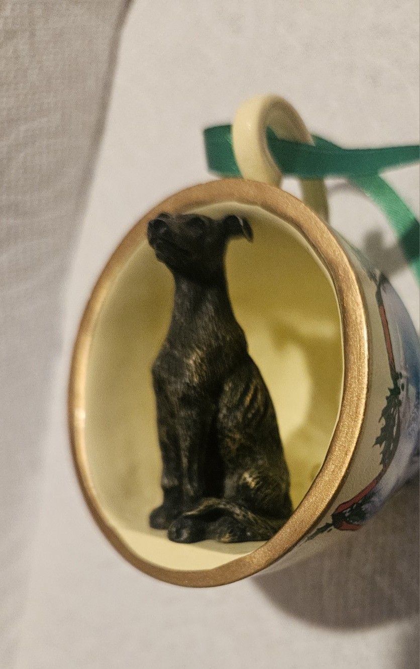HOLIDAYS GREYHOUND TEA CUP HANGING ORNAMENT DECORATION RESIN PRE-OWNED