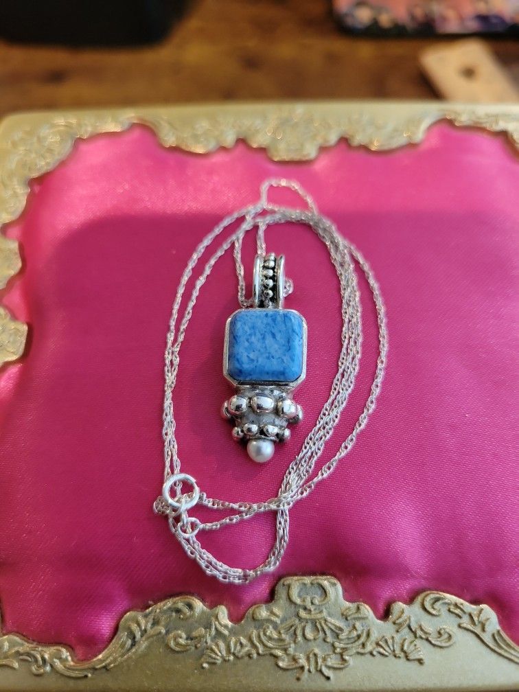 Vintage Blue Denim Lapis Lazuli Sterling Silver Square Pendant Necklace 20" Chain F8